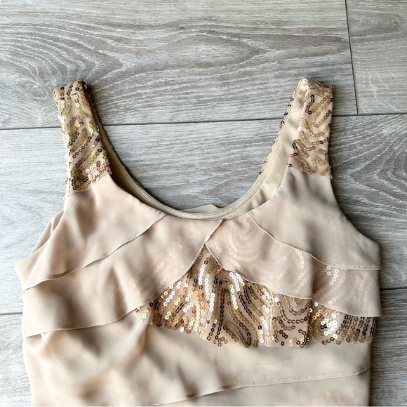 Laura CHAMPAGNE Sequins Ruffled Stretch Shift Evening Dress - Picture 5 of 12